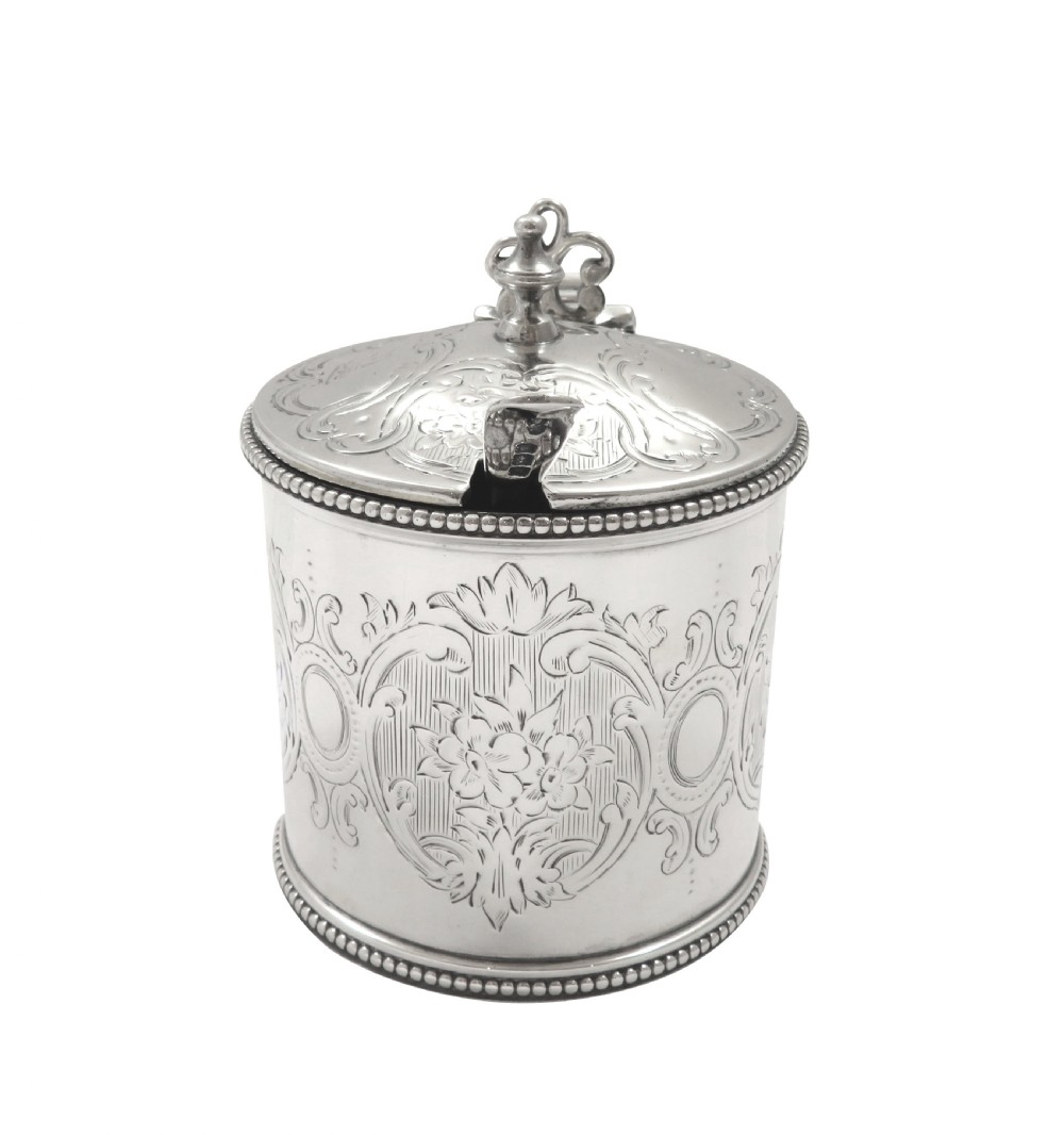 Antique Victorian Sterling Silver Mustard Pot with Spoon 1866 View V