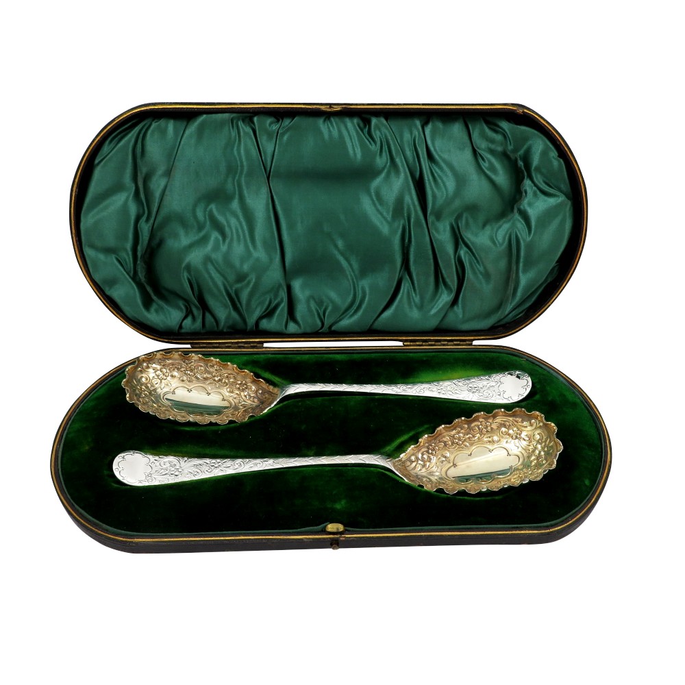 Pair of Antique Victorian Sterling Silver Serving Spoons 1899