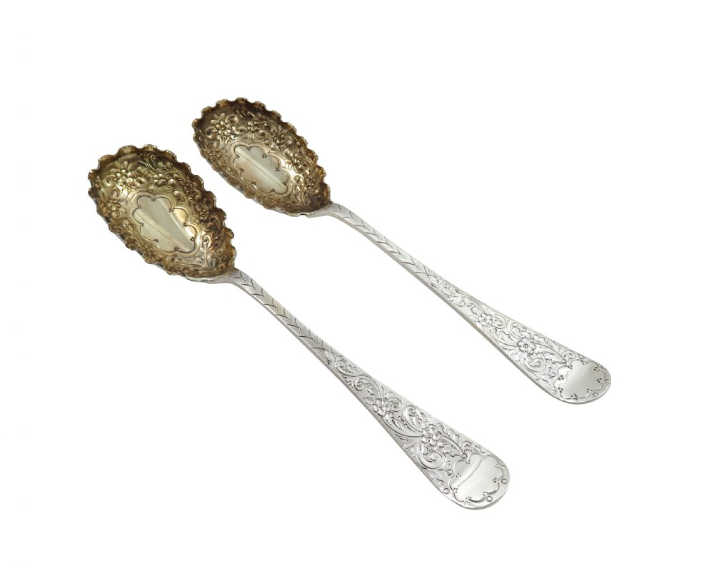 Pair of Antique Victorian Sterling Silver Serving Spoons 1899 View II