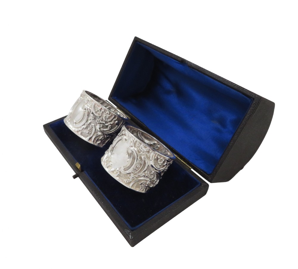 Pair of Antique Victorian Sterling Silver Napkin Rings in Case 1897 View IX
