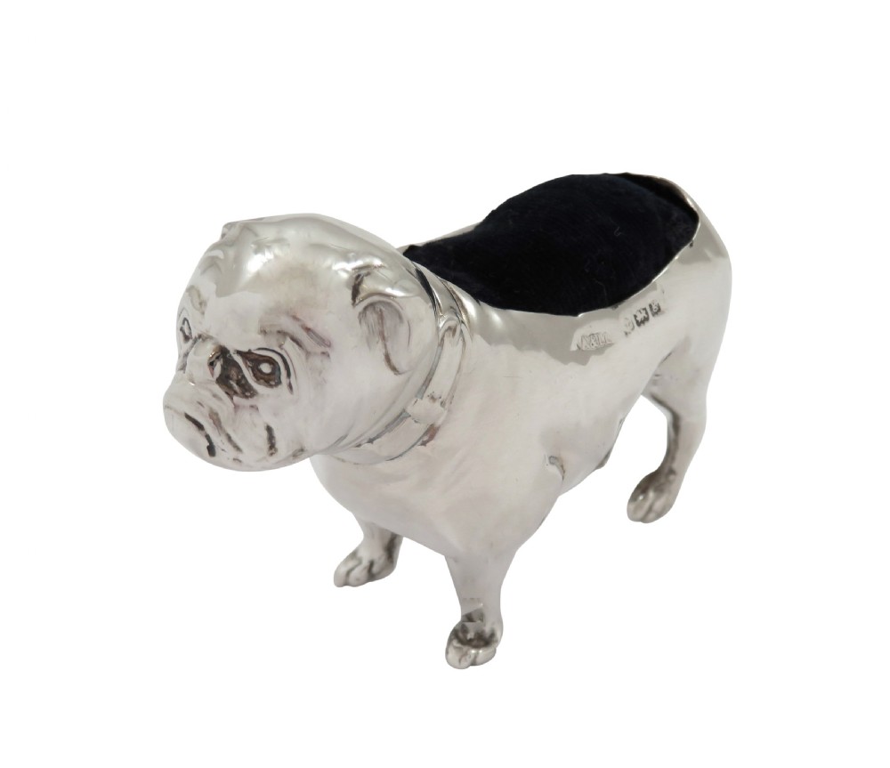 Antique Edwardian Sterling Silver Bull Dog Pin Cushion 1906 View X