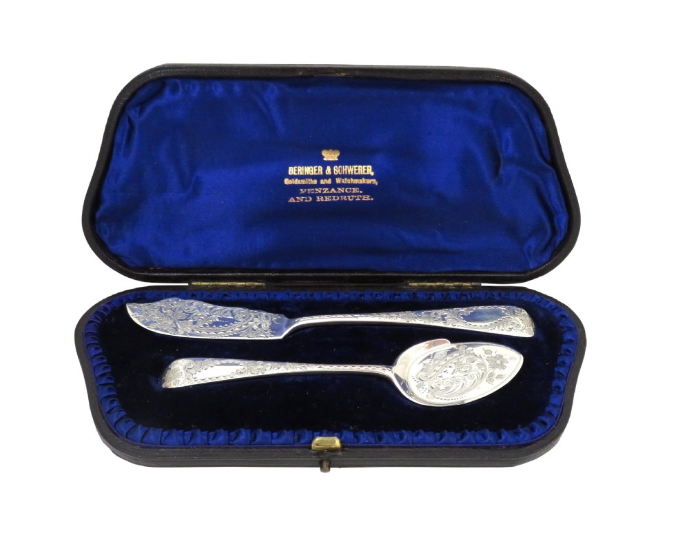 Antique Victorian Sterling Silver Jam Spoon & Butter Knife in Case 1899 View VIII