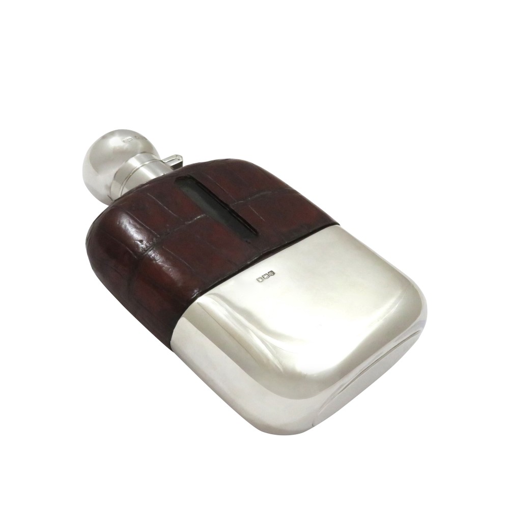 Antique Sterling Silver & Crocodile Leather Hip Flask 1928