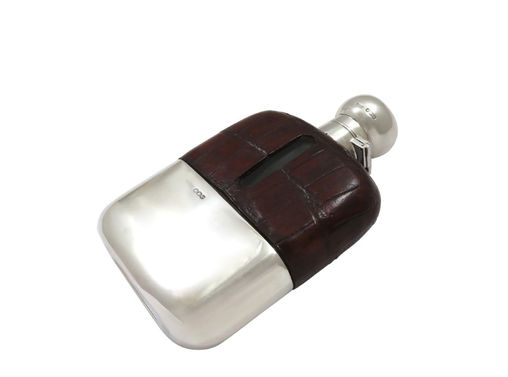 Antique Sterling Silver & Crocodile Leather Hip Flask 1928 View III