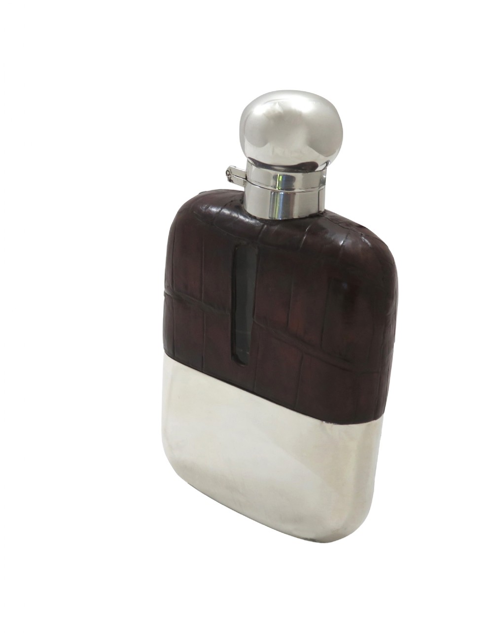 Antique Sterling Silver & Crocodile Leather Hip Flask 1928 View V