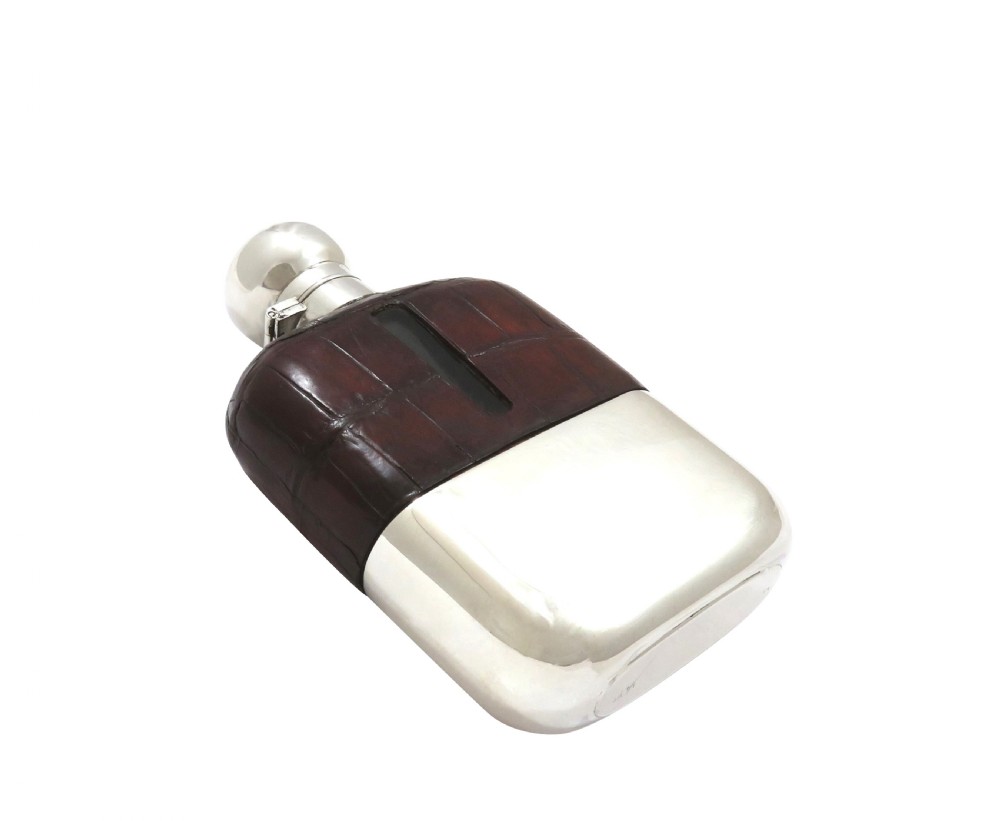 Antique Sterling Silver & Crocodile Leather Hip Flask 1928 View VI