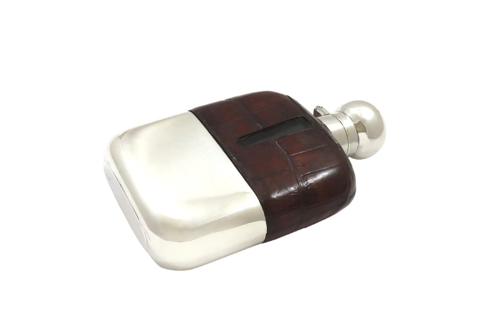 Antique Sterling Silver & Crocodile Leather Hip Flask 1928 View IX