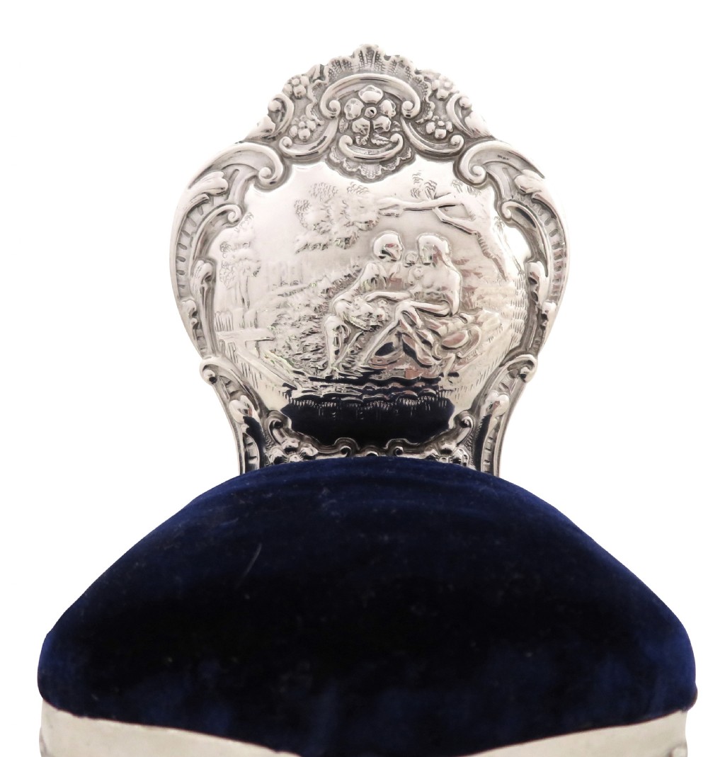 Antique Edwardian Sterling Silver Chair Pin Cushion with Lovers Scene 1902 View IV