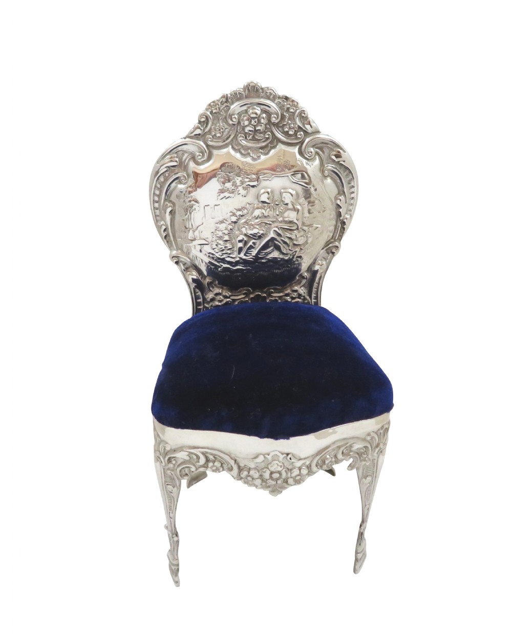 Antique Edwardian Sterling Silver Chair Pin Cushion with Lovers Scene 1902 View VIII