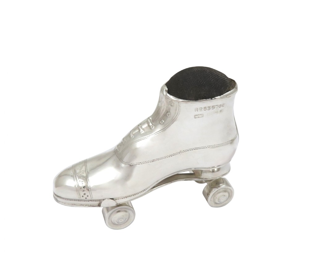 Antique Edwardian Sterling Silver Roller Skate Pin Cushion 1909 View III