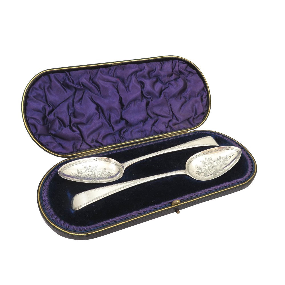 Pair of Antique Georgian Sterling Silver Serving Spoons in Case 1816
