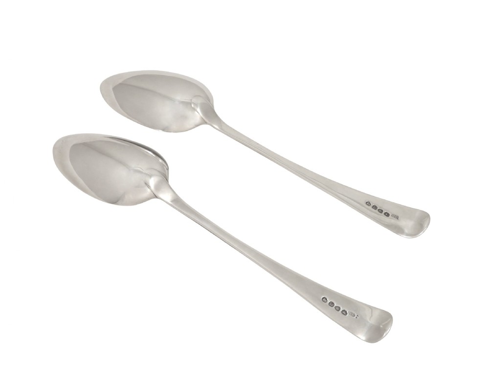 Pair of Antique Georgian Sterling Silver Serving Spoons in Case 1816 View V