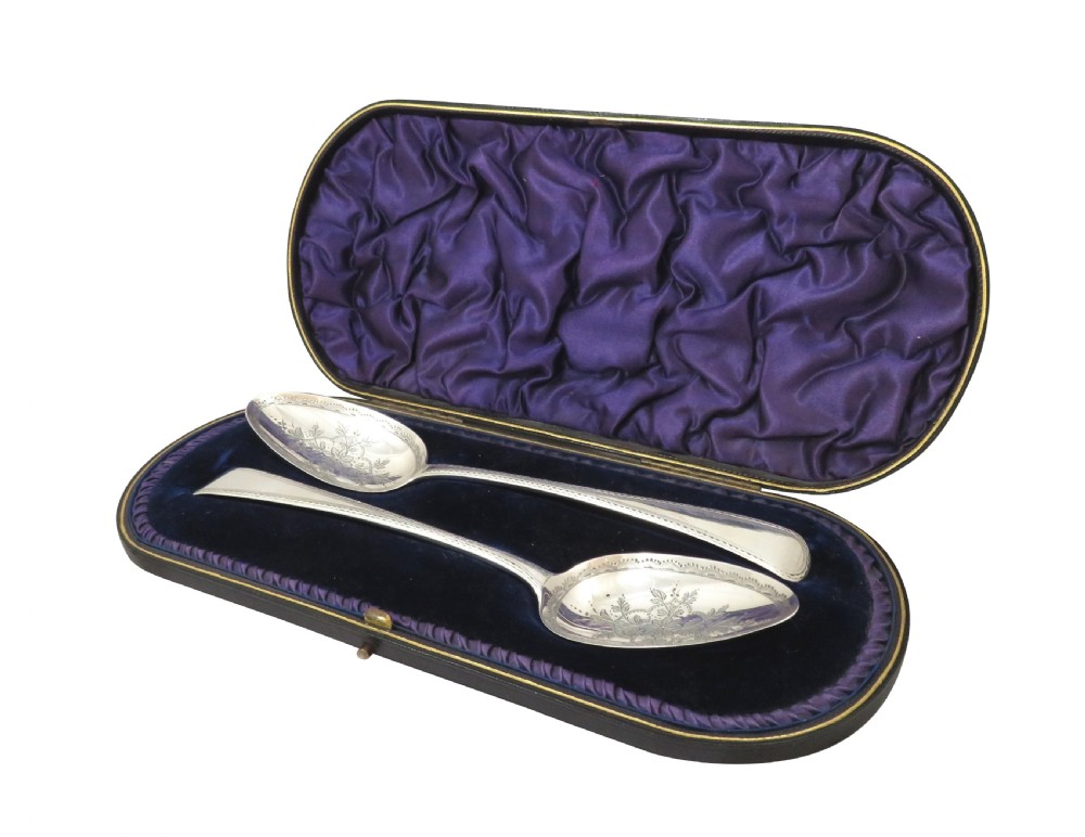 Pair of Antique Georgian Sterling Silver Serving Spoons in Case 1816 View XV