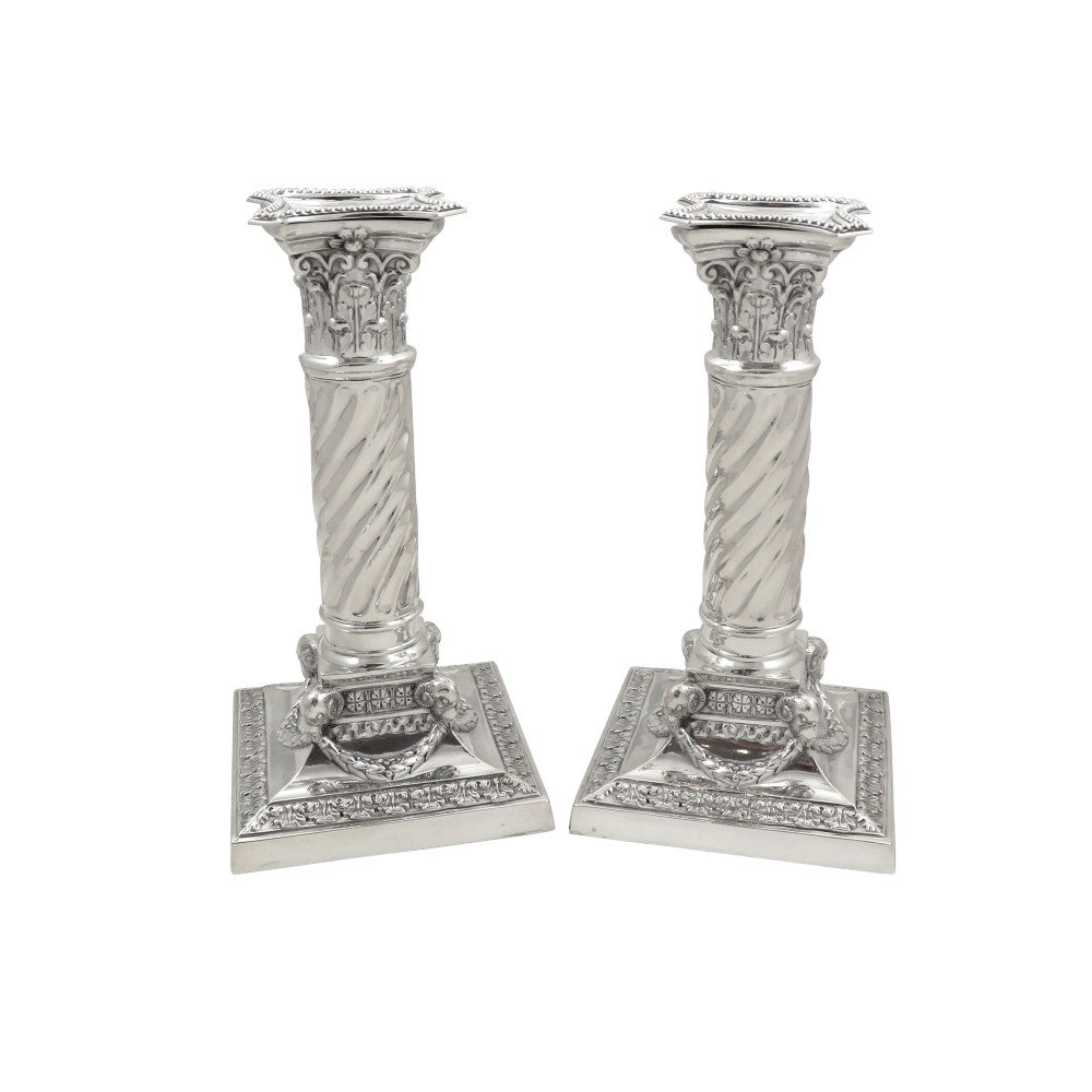 Pair of Antique Edwardian Sterling Silver 'Rams Head' Candlesticks 1902