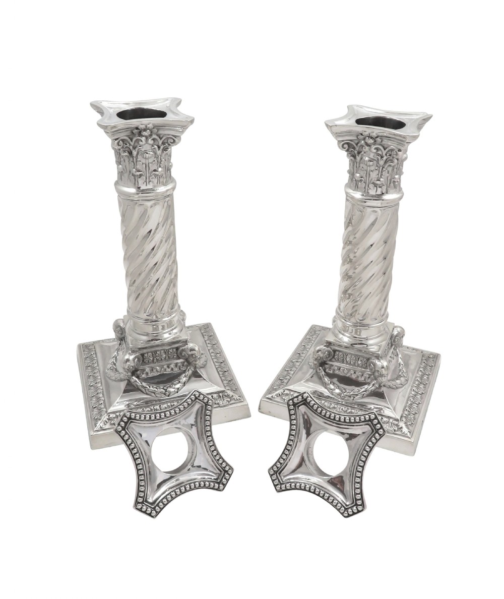 Pair of Antique Edwardian Sterling Silver 'Rams Head' Candlesticks 1902 View II