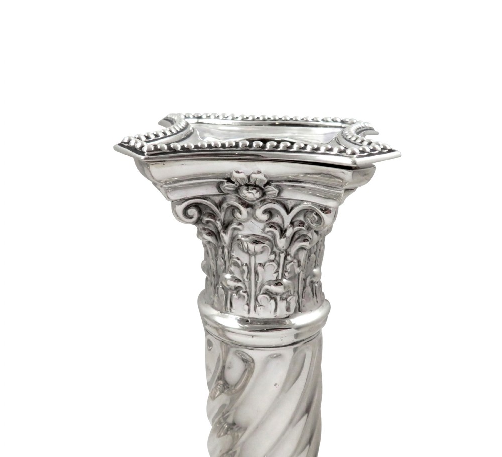 Pair of Antique Edwardian Sterling Silver 'Rams Head' Candlesticks 1902 View III