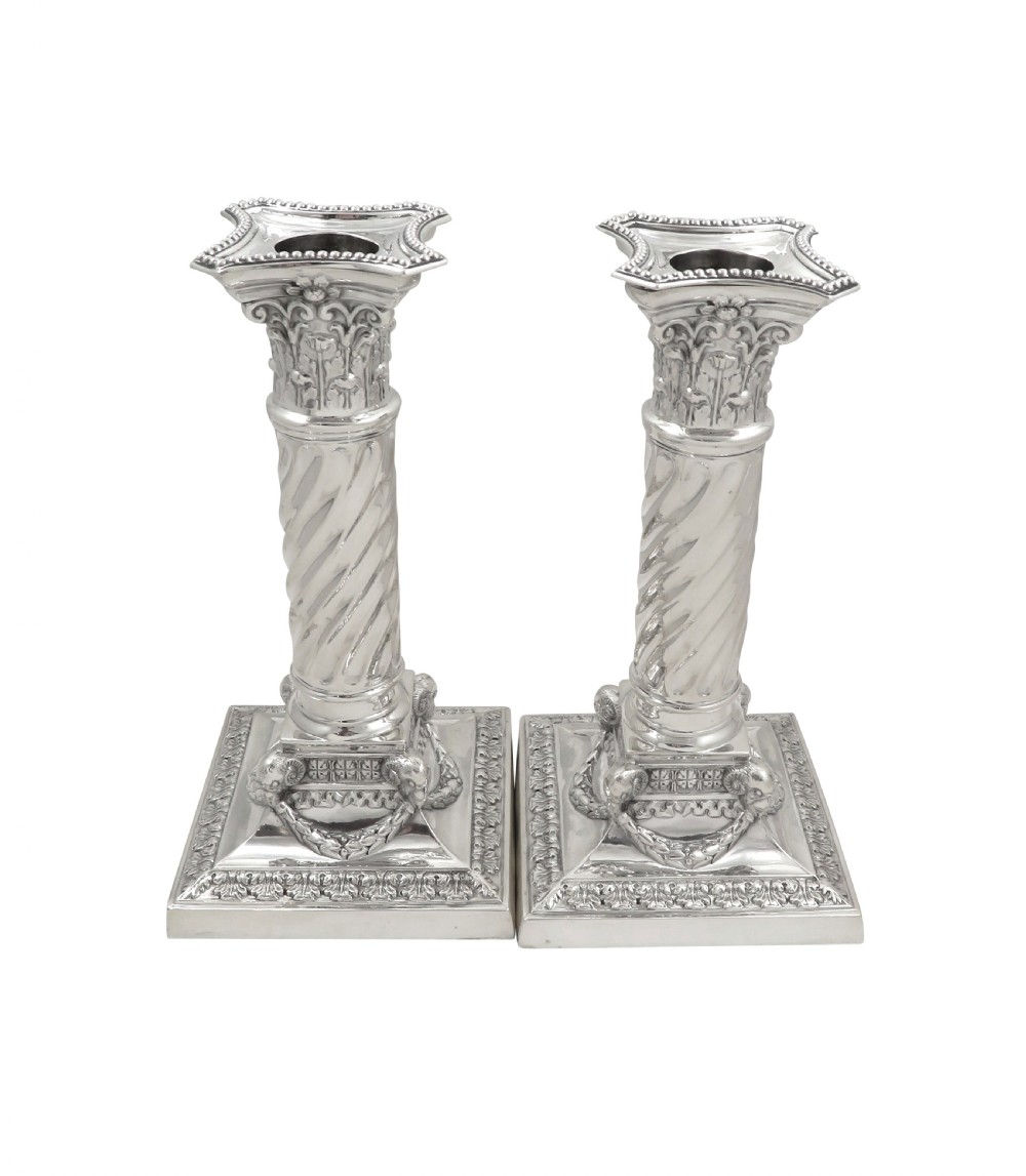Pair of Antique Edwardian Sterling Silver 'Rams Head' Candlesticks 1902 View VI