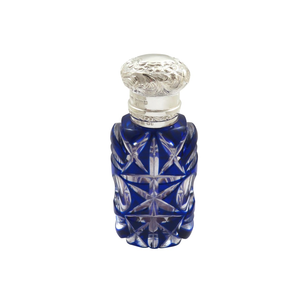 Antique Victorian Sterling Silver & Blue Glass Scent Bottle 1893