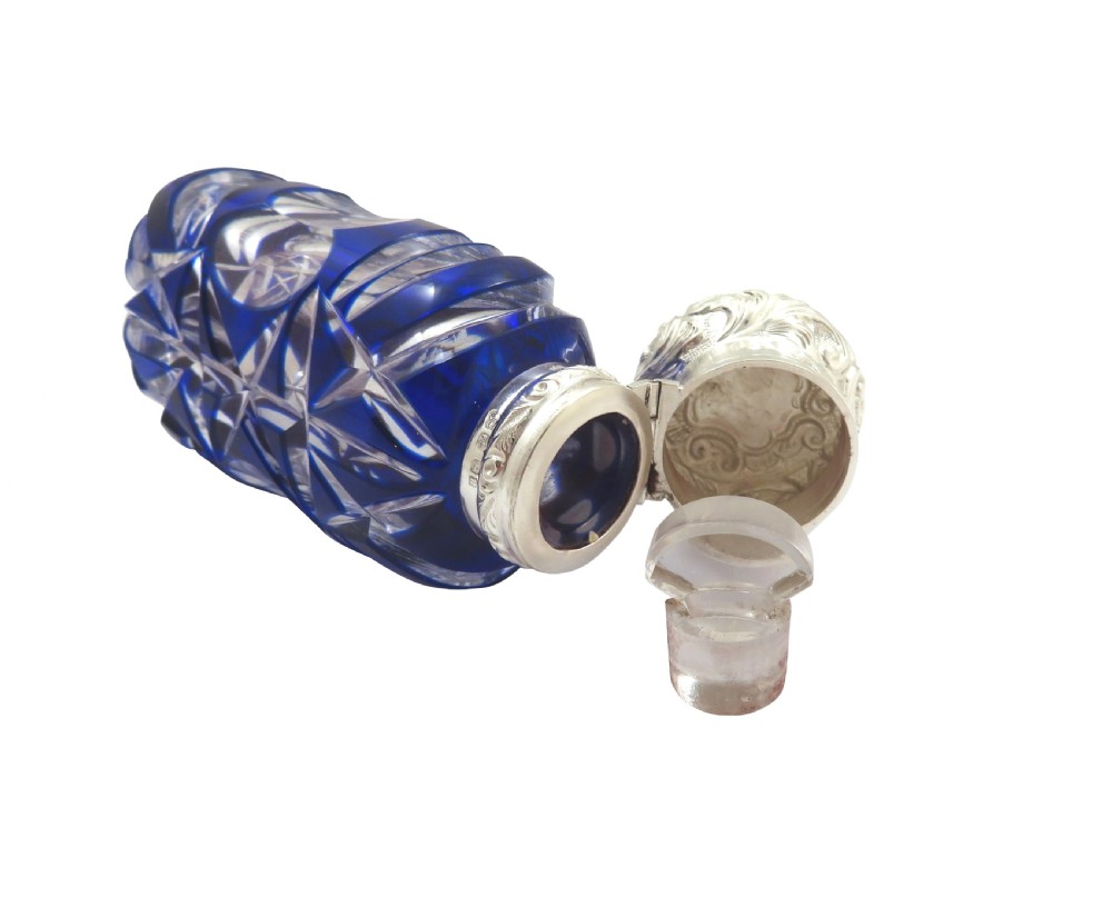 Antique Victorian Sterling Silver & Blue Glass Scent Bottle 1893 View II