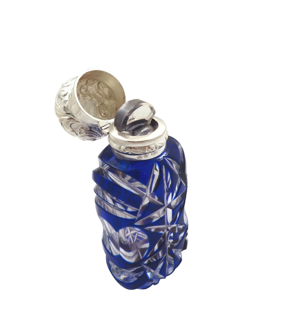 Antique Victorian Sterling Silver & Blue Glass Scent Bottle 1893 View V