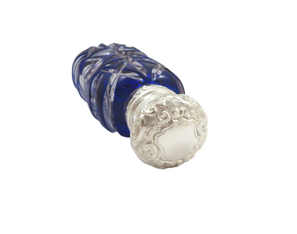 Antique Victorian Sterling Silver & Blue Glass Scent Bottle 1893 View VI