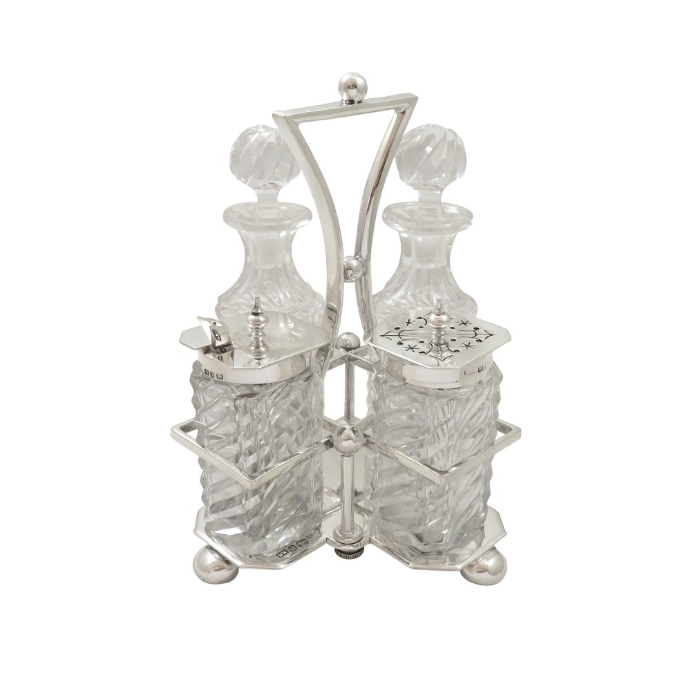 Antique Victorian Sterling Silver & Cut Glass Cruet Set 1891