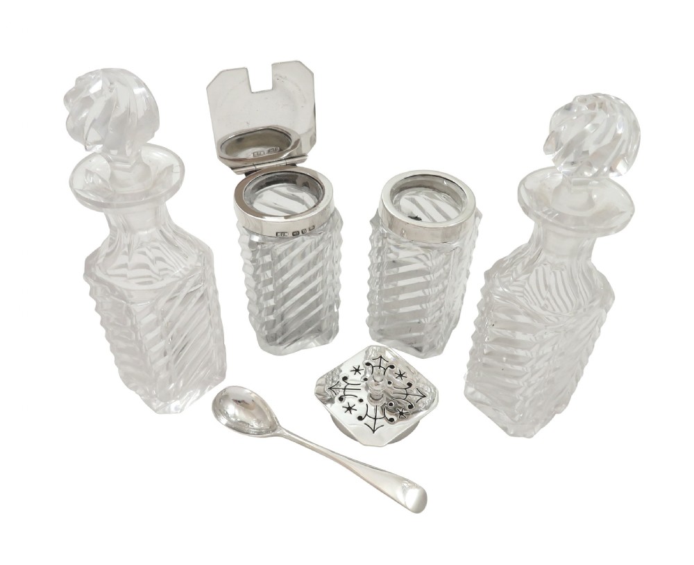 Antique Victorian Sterling Silver & Cut Glass Cruet Set 1891 View IV