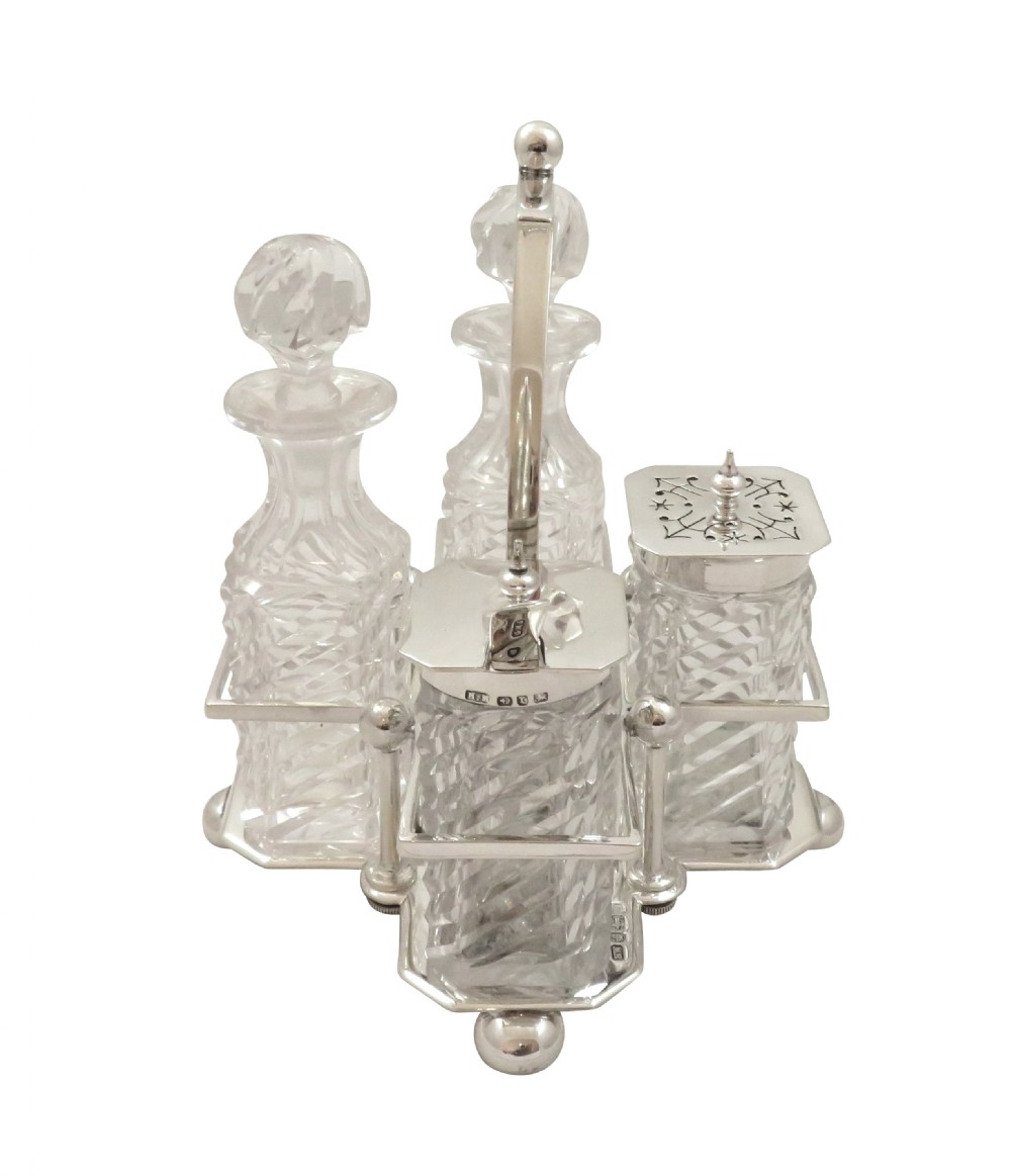 Antique Victorian Sterling Silver & Cut Glass Cruet Set 1891 View V