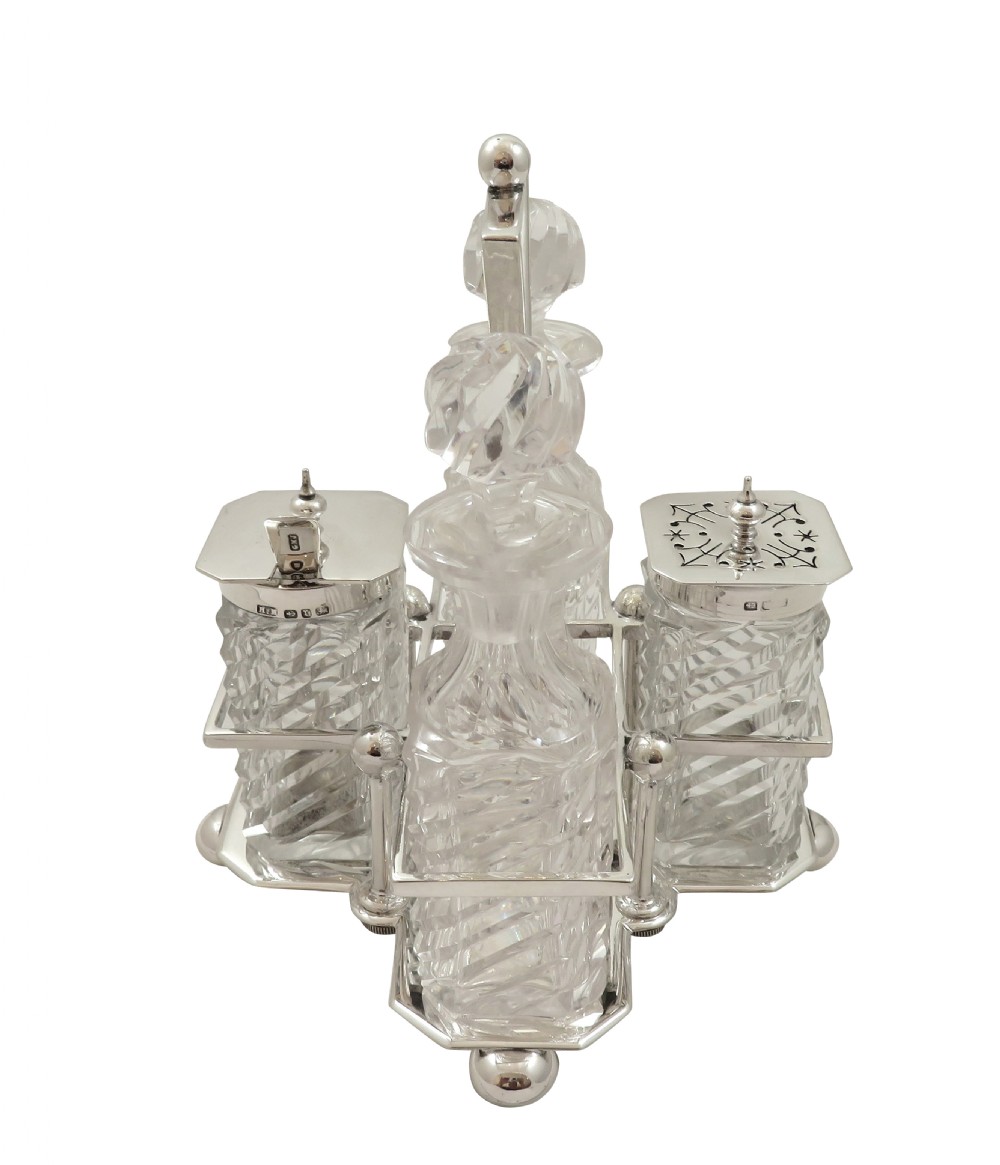 Antique Victorian Sterling Silver & Cut Glass Cruet Set 1891 View VI