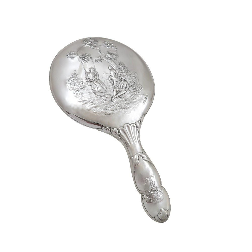 Antique Edwardian Sterling Silver Hand Mirror 1904 - Swing Scene