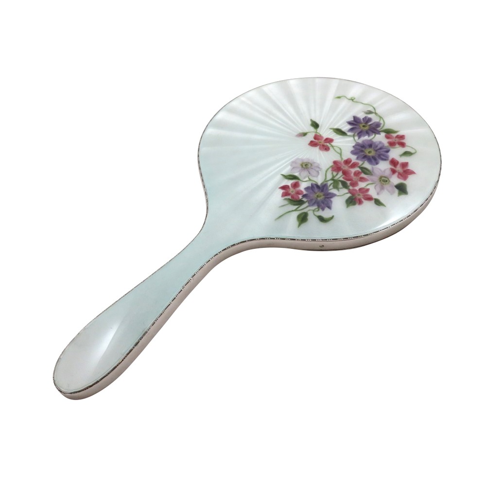 Vintage Sterling Silver & Hand Painted 'Clematis' Enamel Hand Mirror 