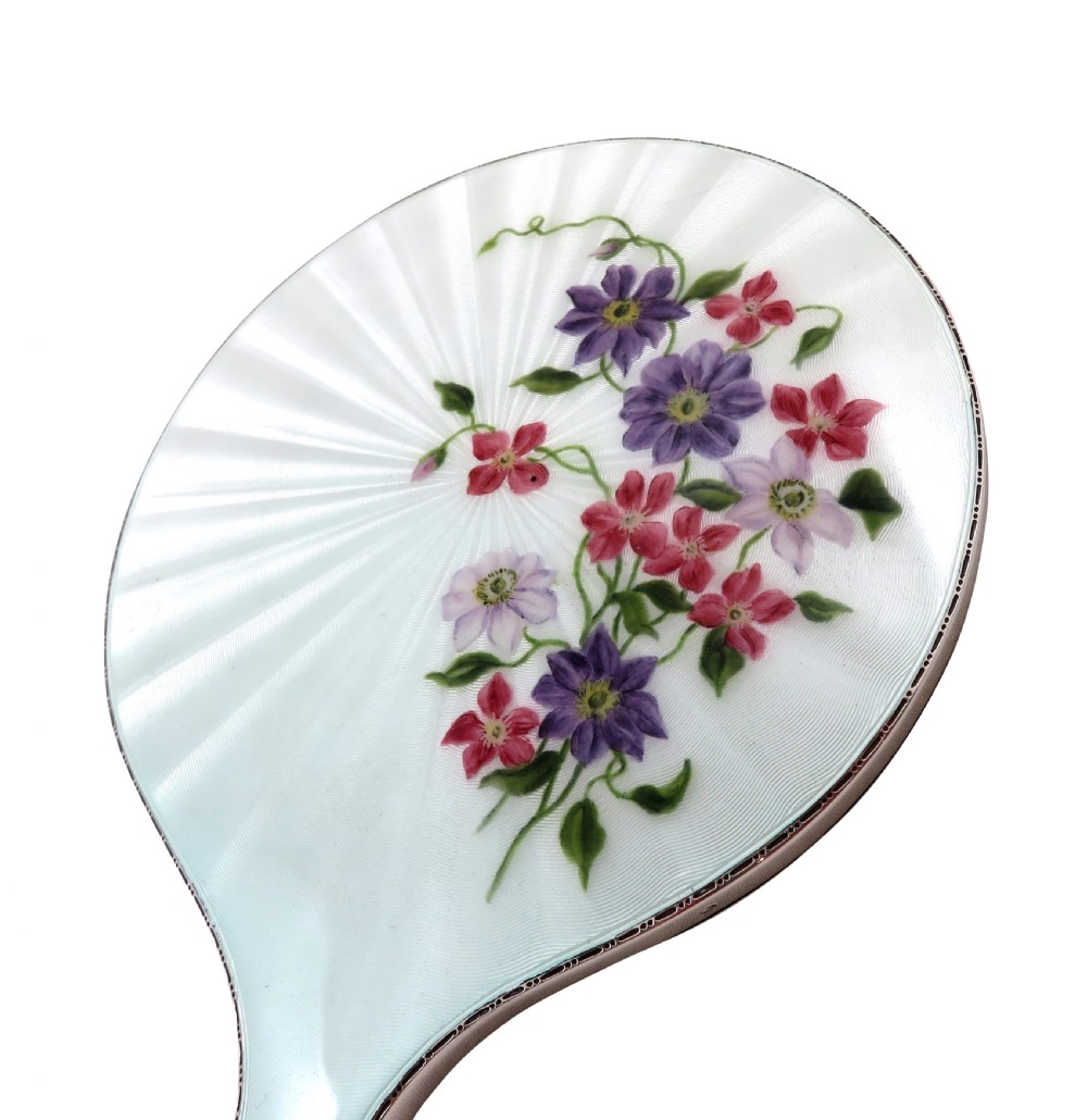 Vintage Sterling Silver & Hand Painted 'Clematis' Enamel Hand Mirror  View III