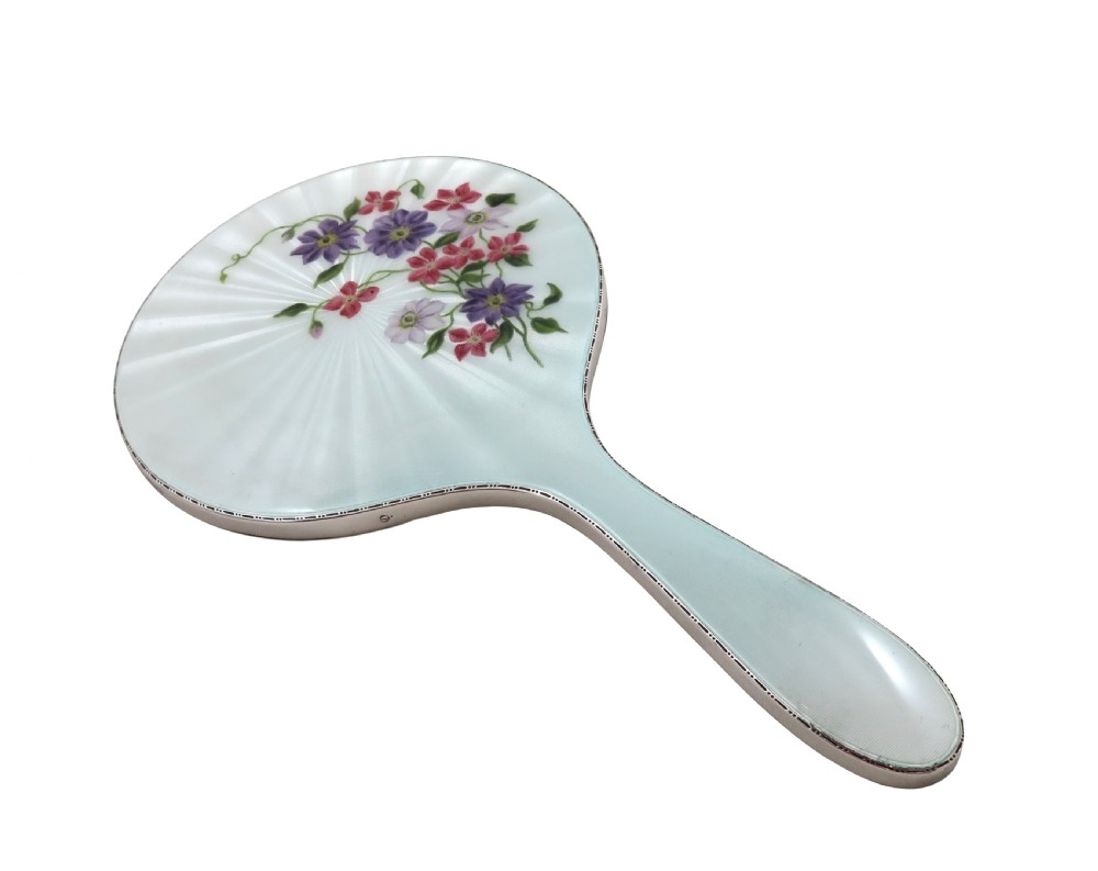 Vintage Sterling Silver & Hand Painted 'Clematis' Enamel Hand Mirror  View VI
