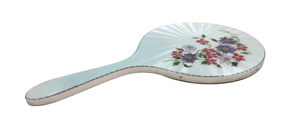 Vintage Sterling Silver & Hand Painted 'Clematis' Enamel Hand Mirror  View VIII