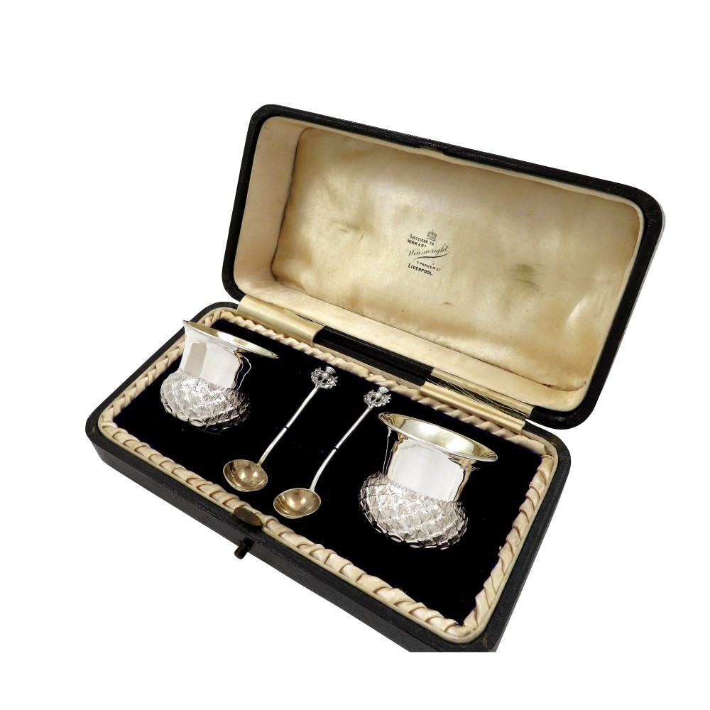 Pair of Antique Edwardian Sterling Silver 'Thistle' Salts & Spoons in Case 1903