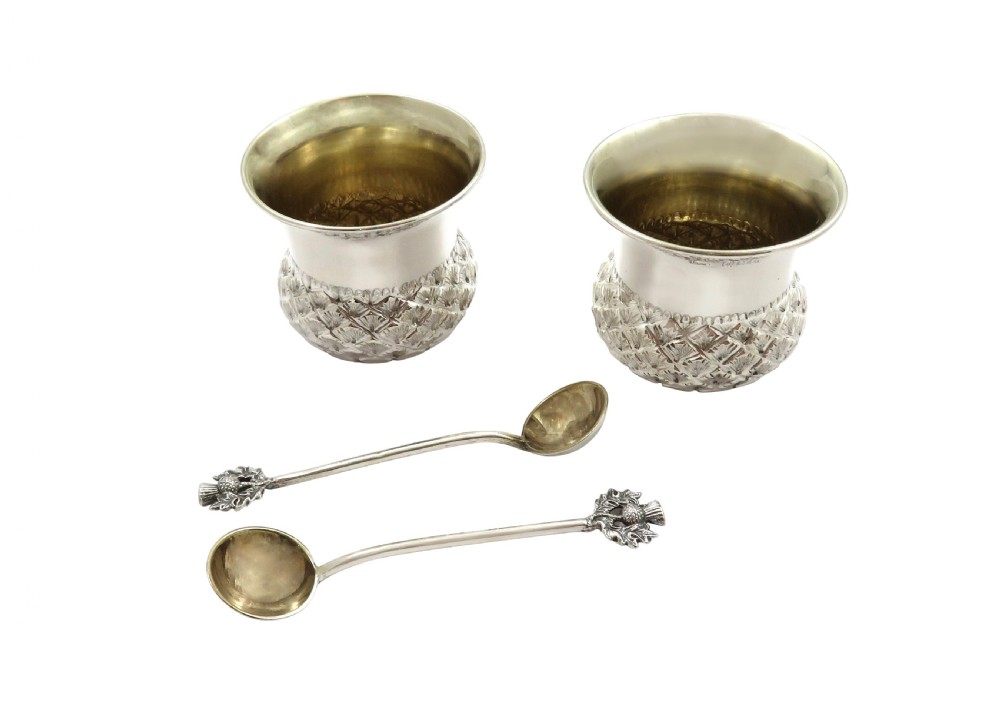 Pair of Antique Edwardian Sterling Silver 'Thistle' Salts & Spoons in Case 1903 View II