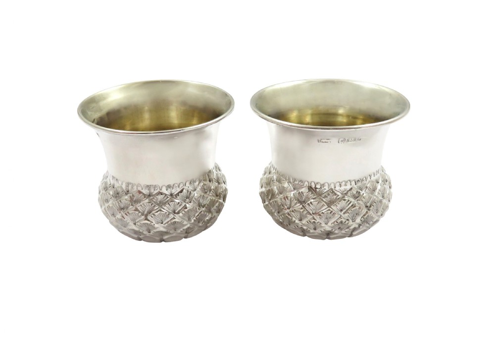 Pair of Antique Edwardian Sterling Silver 'Thistle' Salts & Spoons in Case 1903 View III