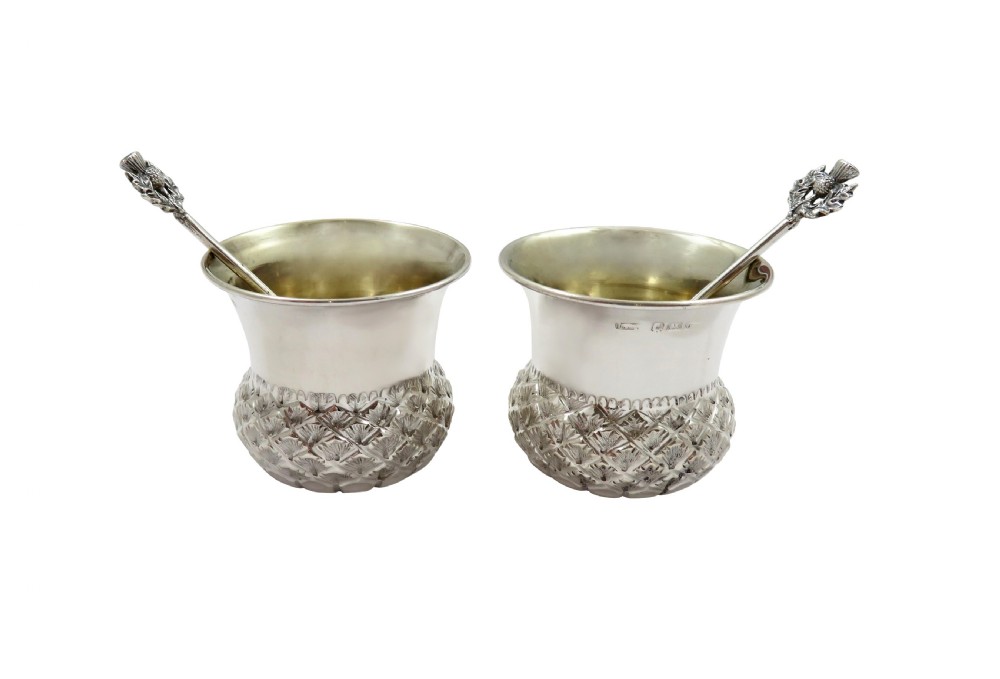Pair of Antique Edwardian Sterling Silver 'Thistle' Salts & Spoons in Case 1903 View VI