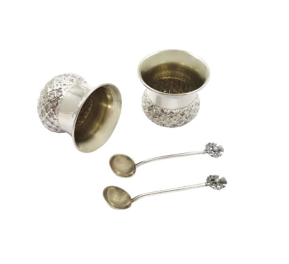 Pair of Antique Edwardian Sterling Silver 'Thistle' Salts & Spoons in Case 1903 View IX