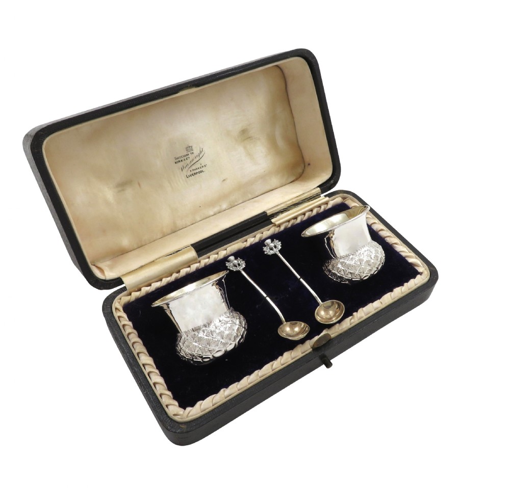 Pair of Antique Edwardian Sterling Silver 'Thistle' Salts & Spoons in Case 1903 View XI