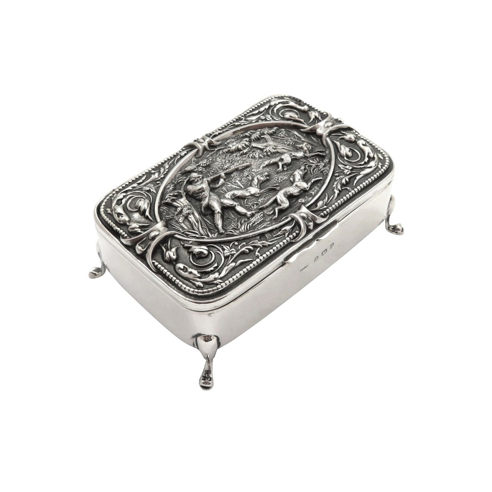 Antique Edwardian Sterling Silver Trinket Box with Hunting Scene 1908