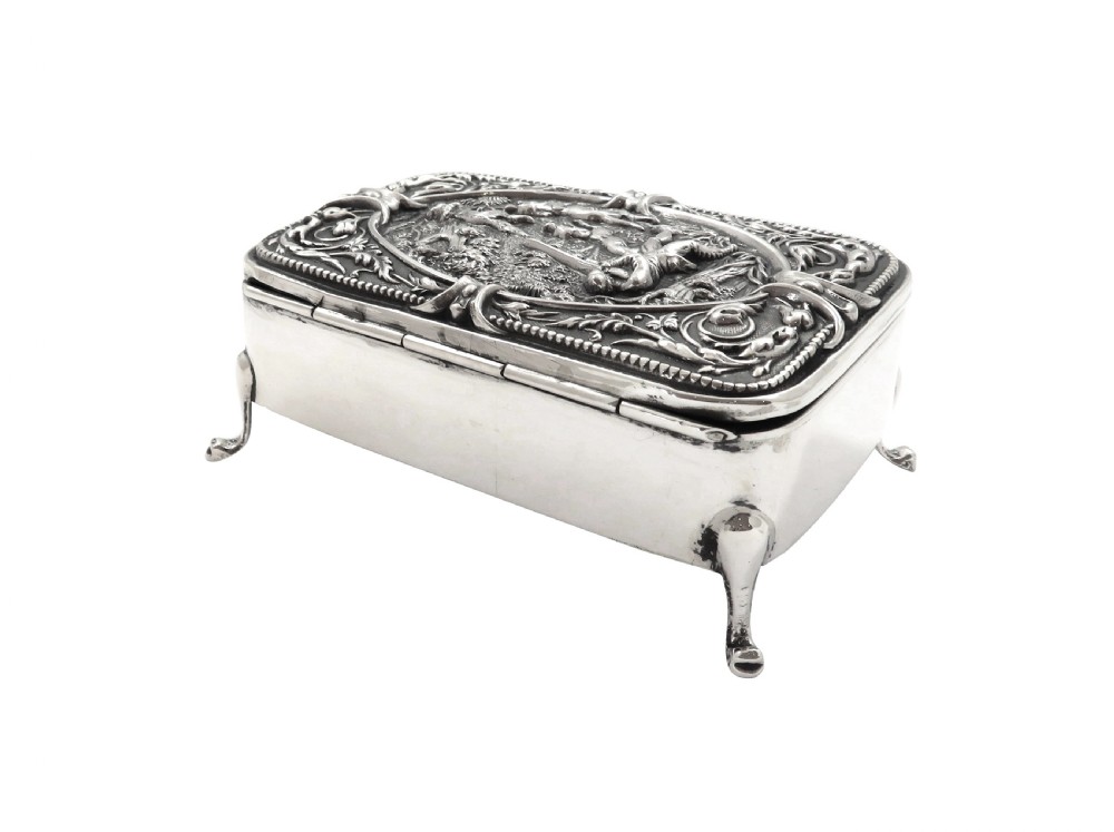 Antique Edwardian Sterling Silver Trinket Box with Hunting Scene 1908 View VI