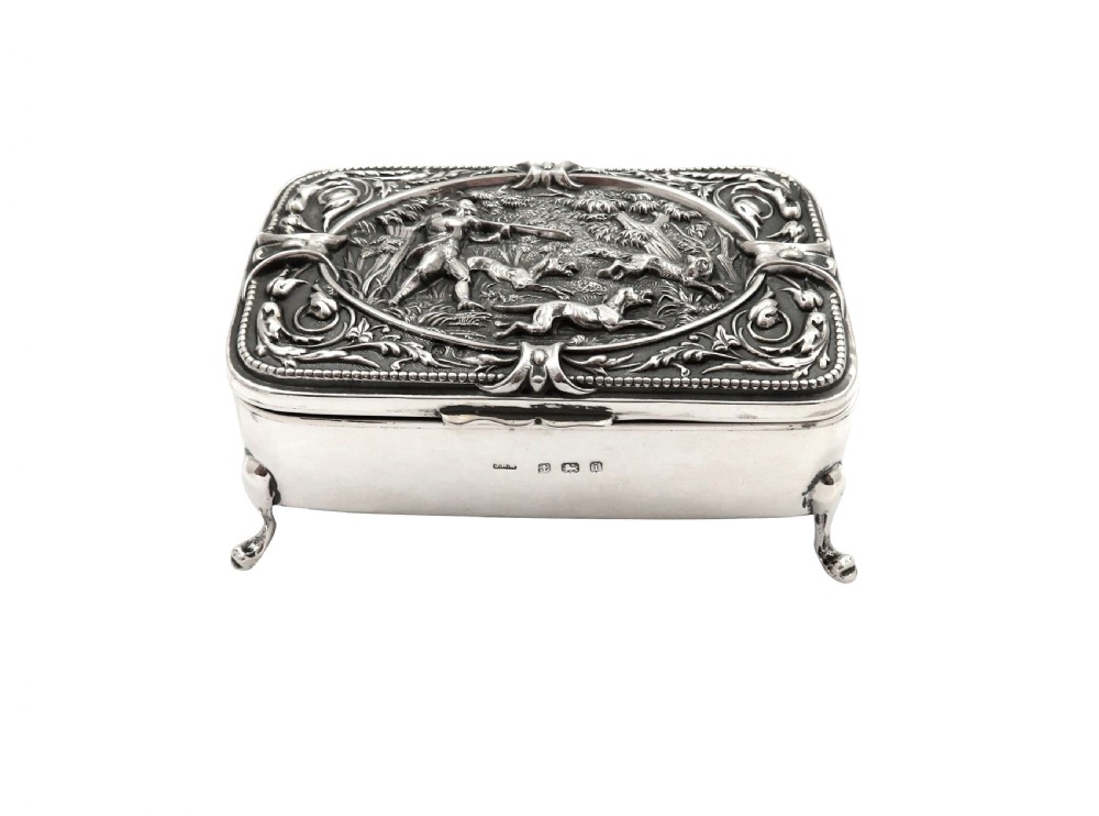 Antique Edwardian Sterling Silver Trinket Box with Hunting Scene 1908 View IX