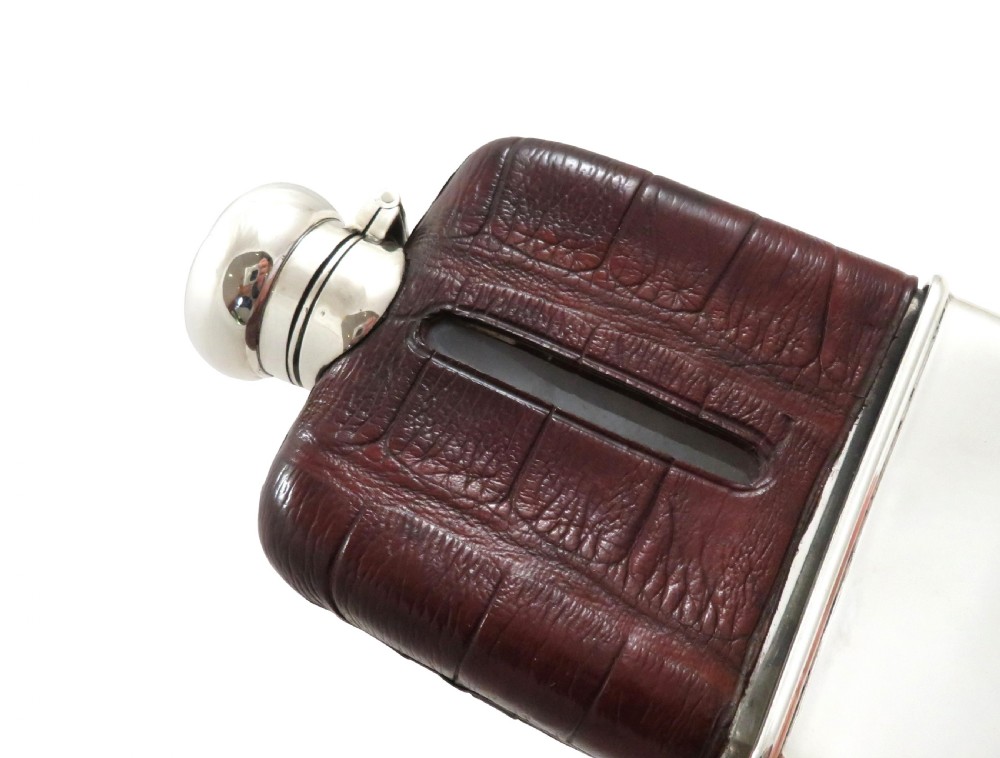 Antique George V Sterling Silver & Crocodile Leather Hip Flask 1918 View II