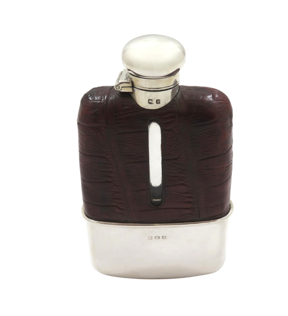 Antique George V Sterling Silver & Crocodile Leather Hip Flask 1918 View IV