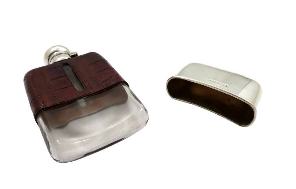 Antique George V Sterling Silver & Crocodile Leather Hip Flask 1918 View V