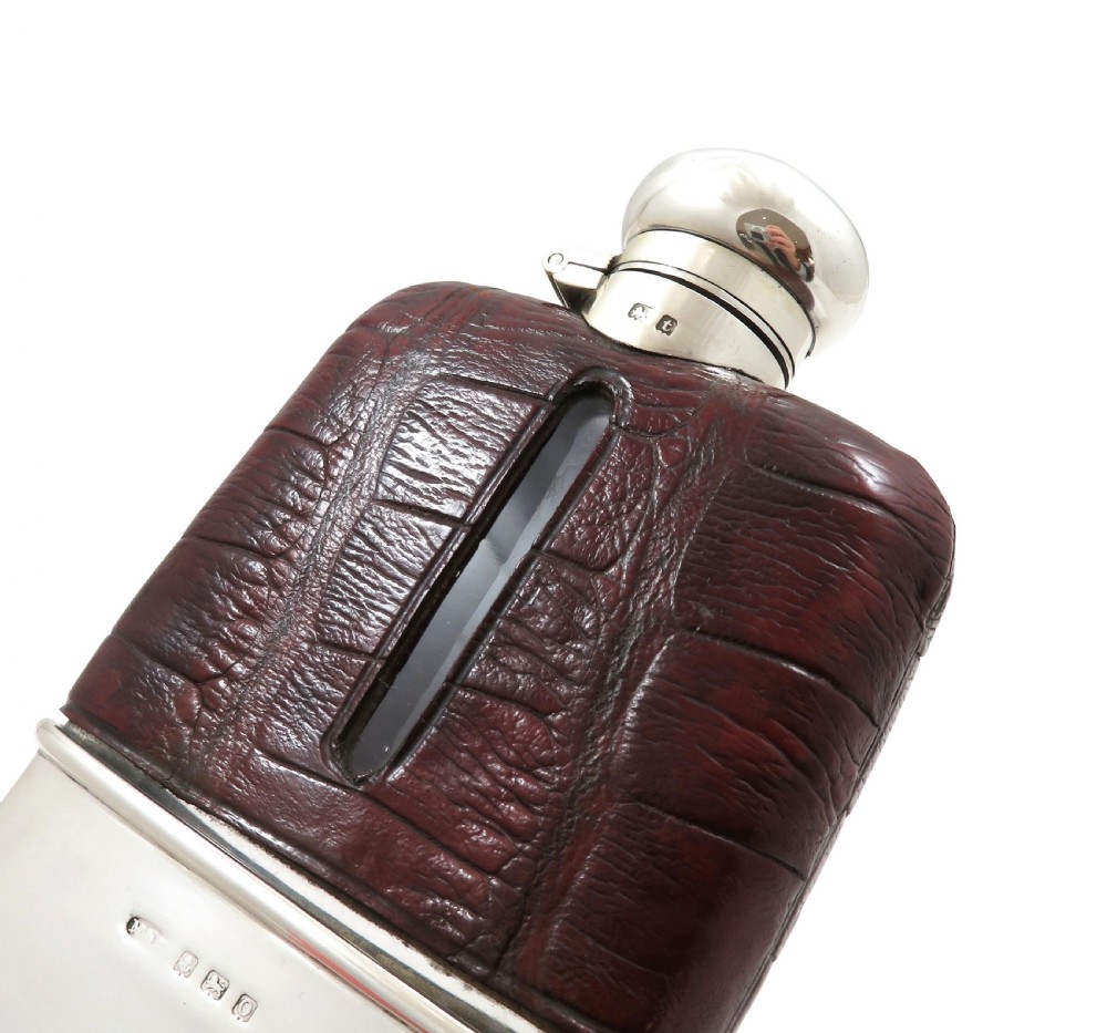 Antique George V Sterling Silver & Crocodile Leather Hip Flask 1918 View IX
