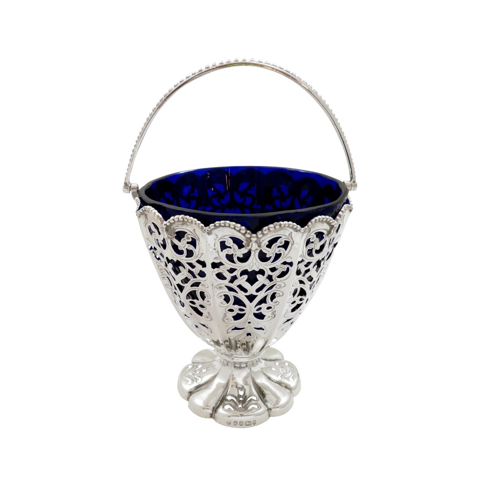 Antique Victorian Sterling Silver Basket with Blue Glass Liner 1869