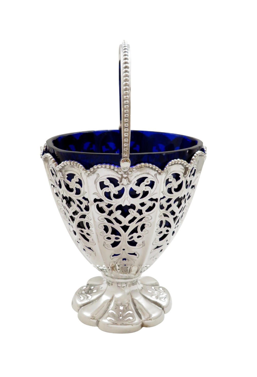 Antique Victorian Sterling Silver Basket with Blue Glass Liner 1869 View III