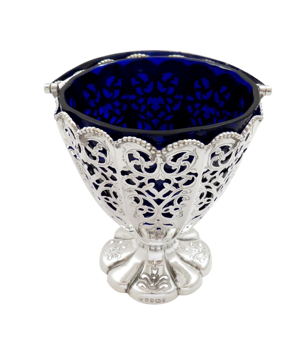 Antique Victorian Sterling Silver Basket with Blue Glass Liner 1869 View IV